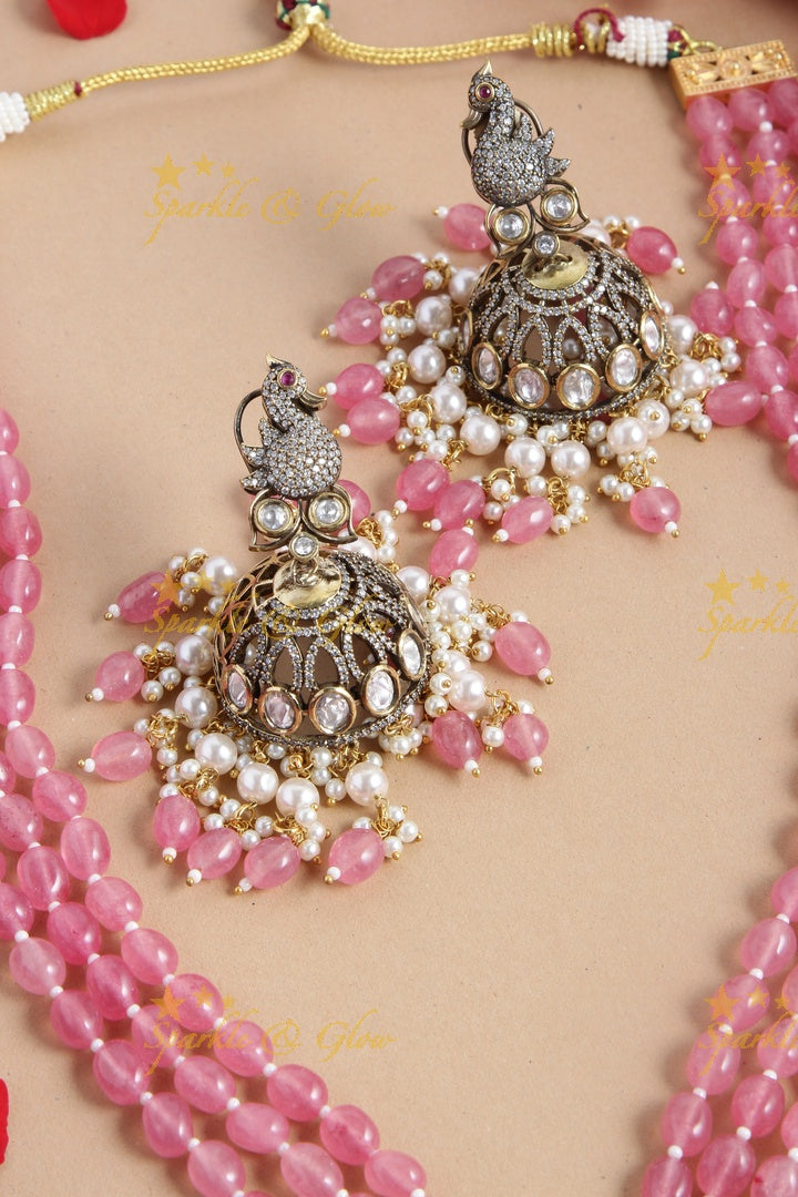 Peacock and carved natural stone Vicroian AD Beaded haram - Pink
