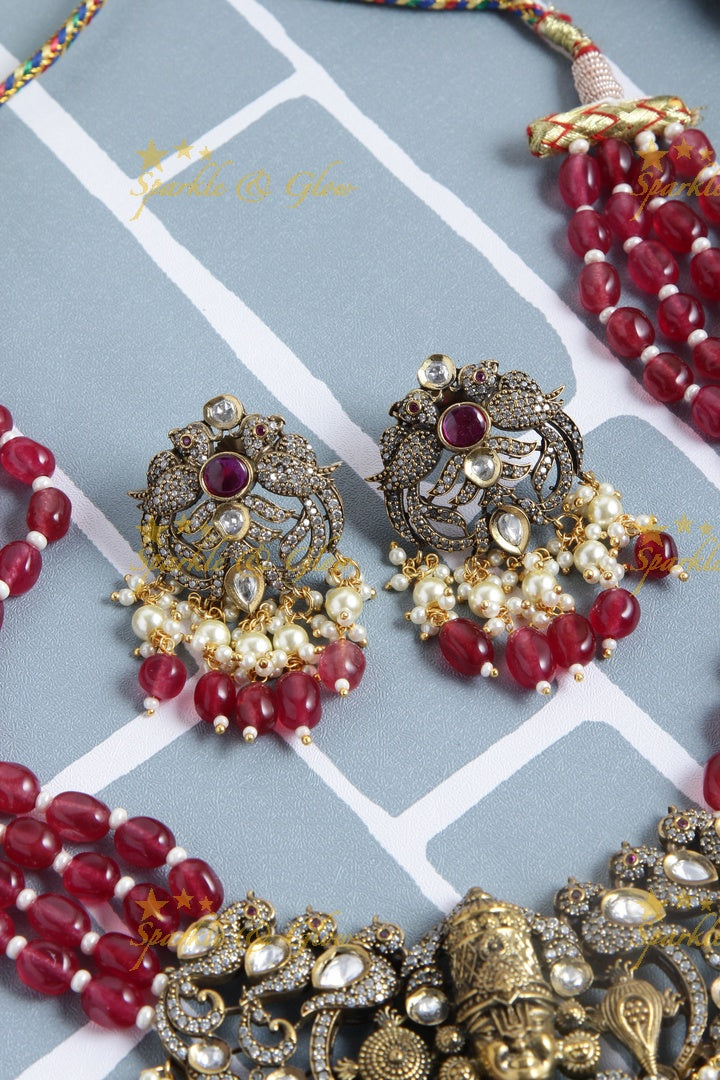 Balaji Carved Victorian AD mid length haram - Maroon