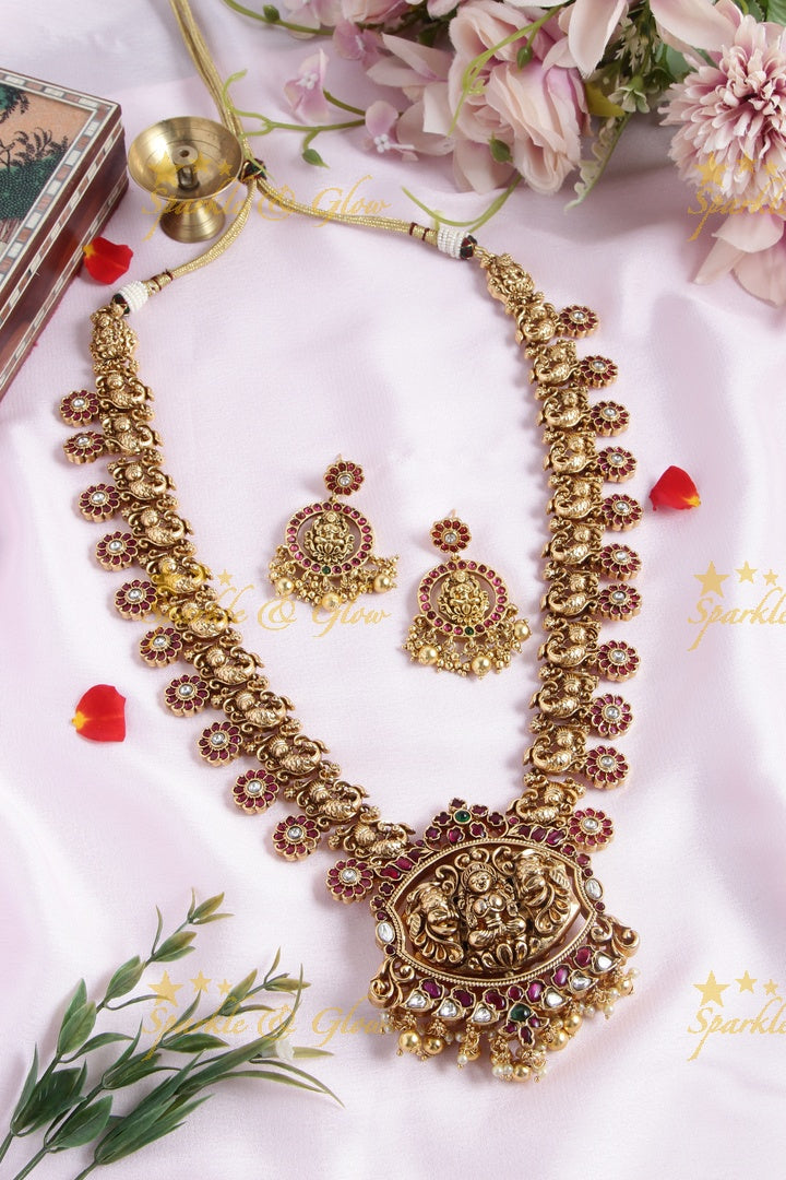 Gold alike floral bottu peacock haram with two sided pendent
