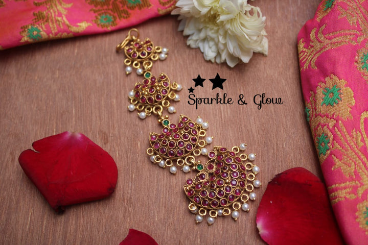 Gold alike polished half moon design maangthika with kemp stones