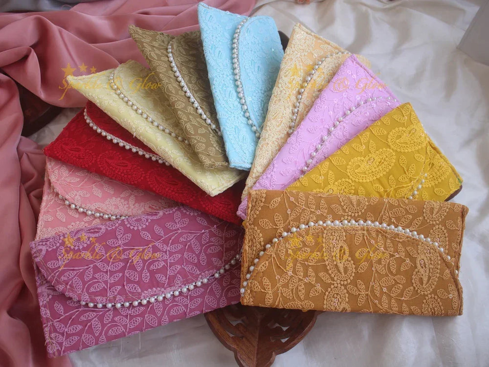 Chikankari embroiderd 9*5 inch clutch return gifts - Sparkle and Glow