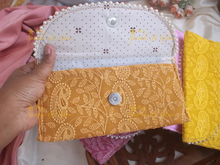 Chikankari embroiderd 9*5 inch clutch return gifts - Sparkle and Glow