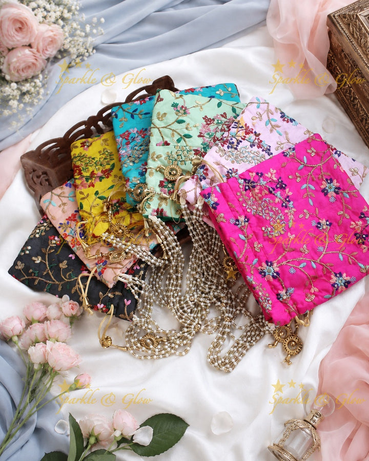 Embroidered 8.5" Square Potli Bags for Wedding Gifts- Set of 6pcs