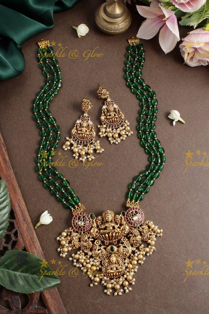 Exclusive long green beads necklace with intricately carved lakhsmi pendent - Green Gold - Sparkle and Glow