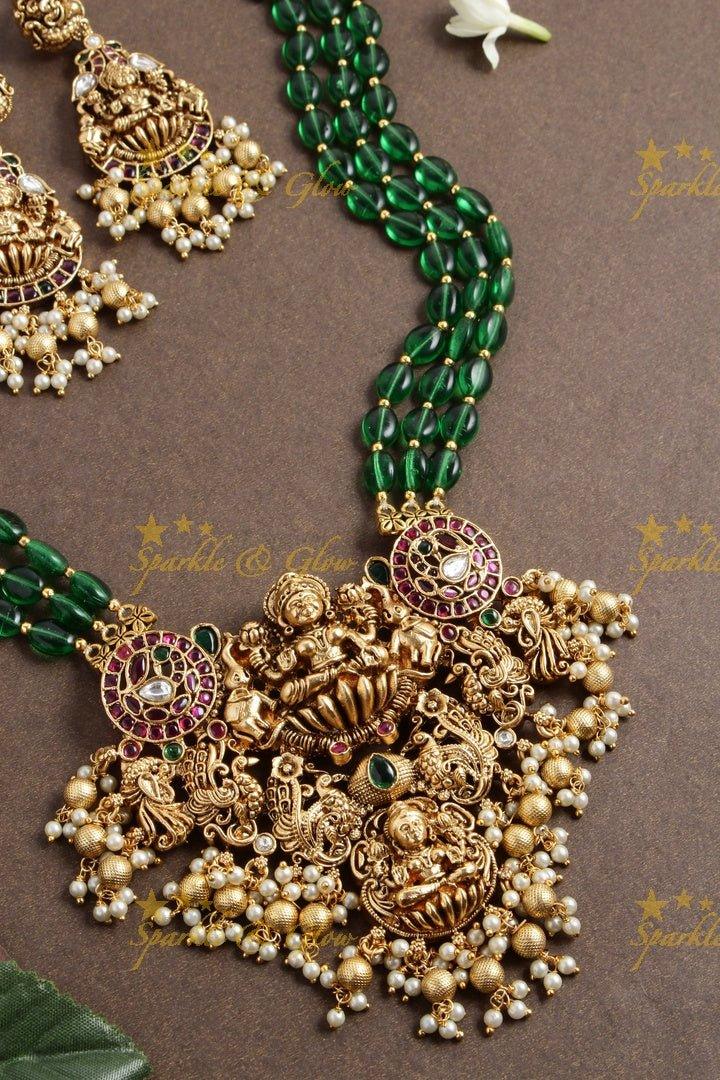 Exclusive long green beads necklace with intricately carved lakhsmi pendent - Green Gold - Sparkle and Glow