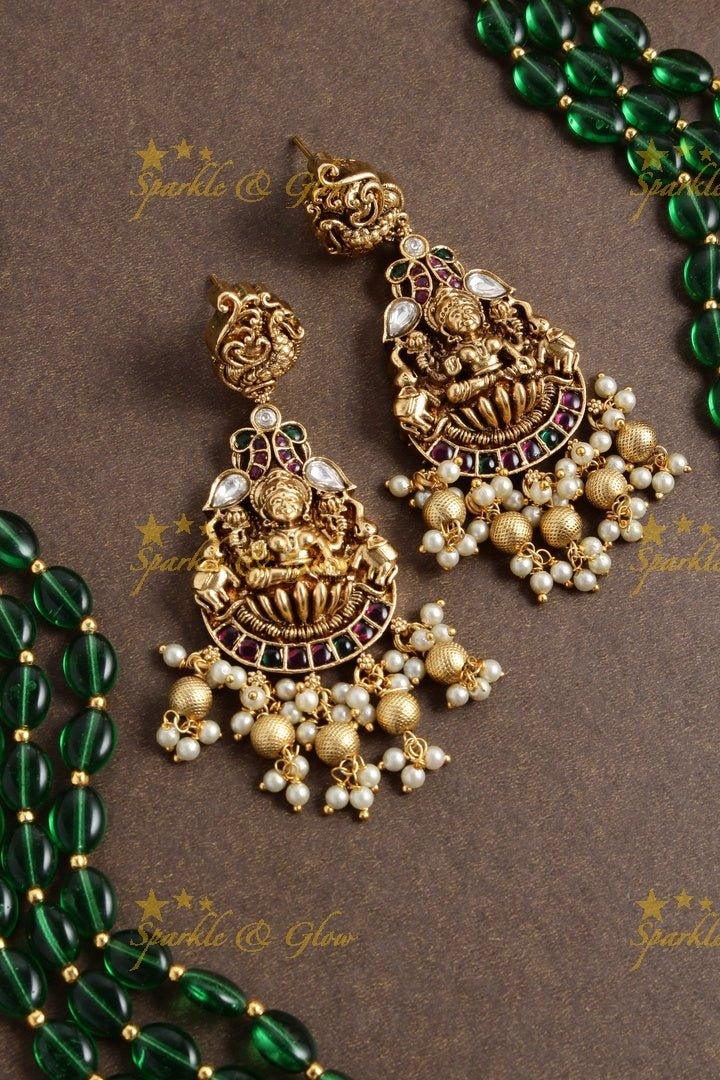 Exclusive long green beads necklace with intricately carved lakhsmi pendent - Green Gold - Sparkle and Glow