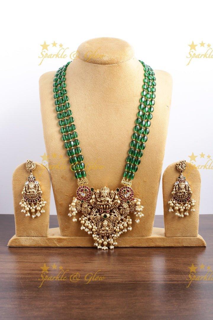 Exclusive long green beads necklace with intricately carved lakhsmi pendent - Green Gold - Sparkle and Glow
