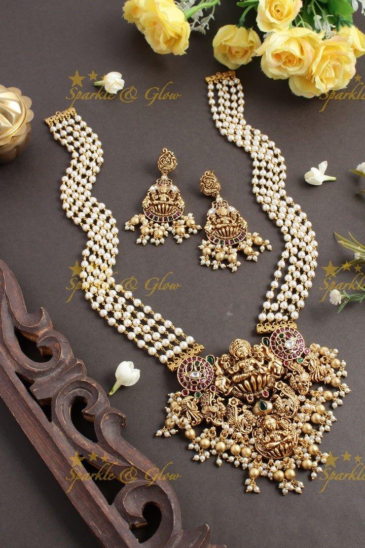 Exclusive long green beads necklace with intricately carved lakhsmi pendent - Green Gold - Sparkle and Glow