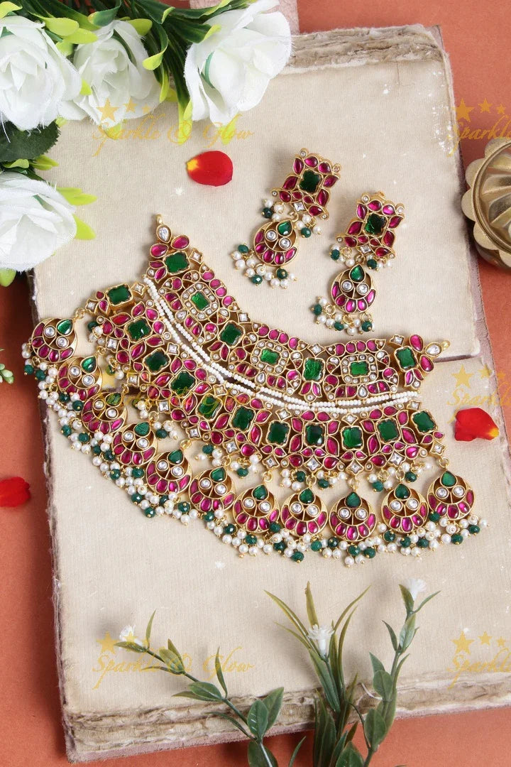 Stunning Jadau Floral Bridal Choker with green beads - White - Sparkle and Glow