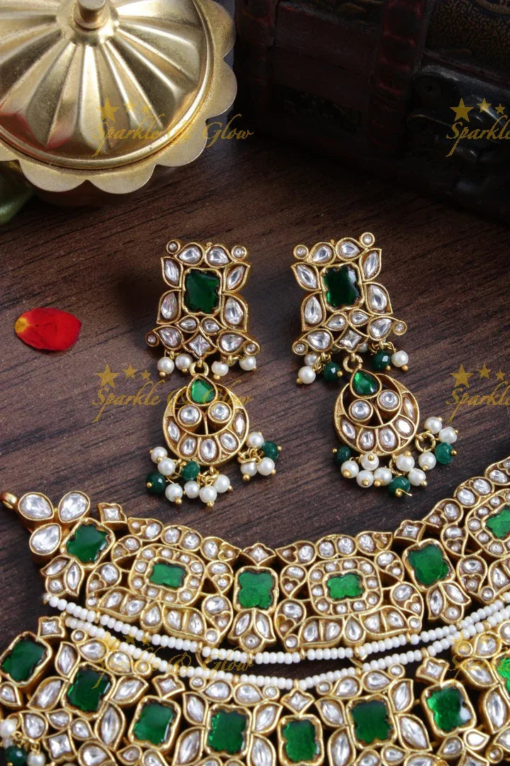 Stunning Jadau Floral Bridal Choker with green beads - White - Sparkle and Glow