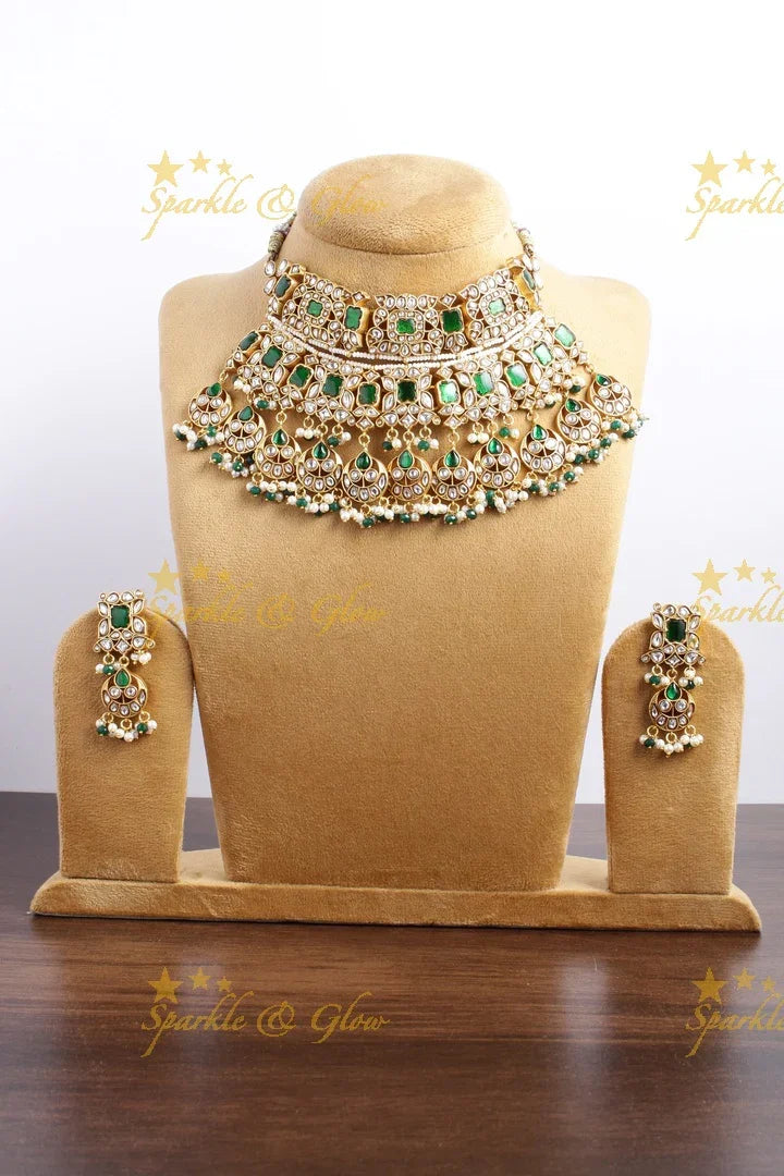 Stunning Jadau Floral Bridal Choker with green beads - White - Sparkle and Glow