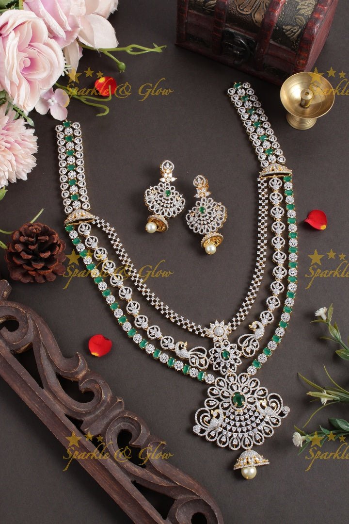 Intricately carved peacock floral jhumka deisgn GJ polish necklace - Sparkle and Glow - Green - Back Thread