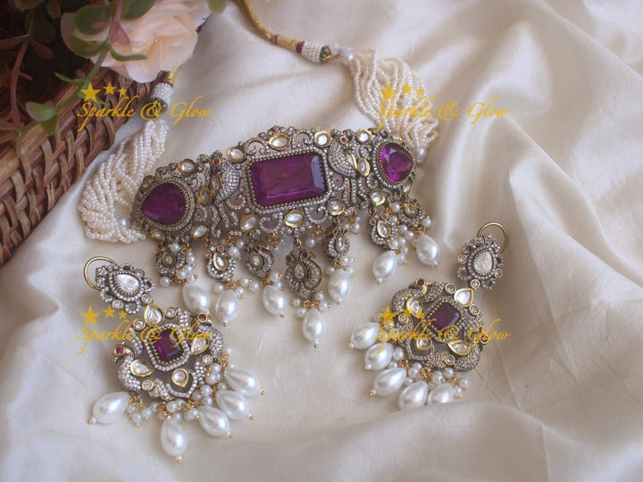 Victorian statement peacock choker - Blue - Sparkle and Glow - Purple - Back Chain