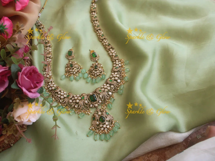Stunning Victorian AD Peacock haram with mint Green Beads - Multi - Sparkle and Glow