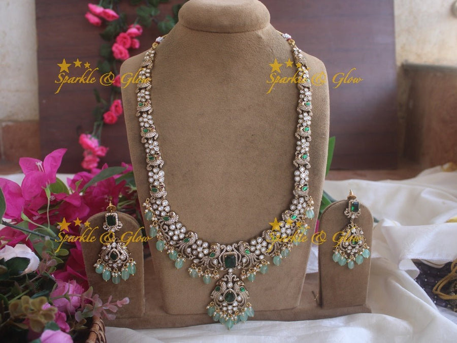 Stunning Victorian AD Peacock haram with mint Green Beads - Sparkle and Glow - Back Thread - 