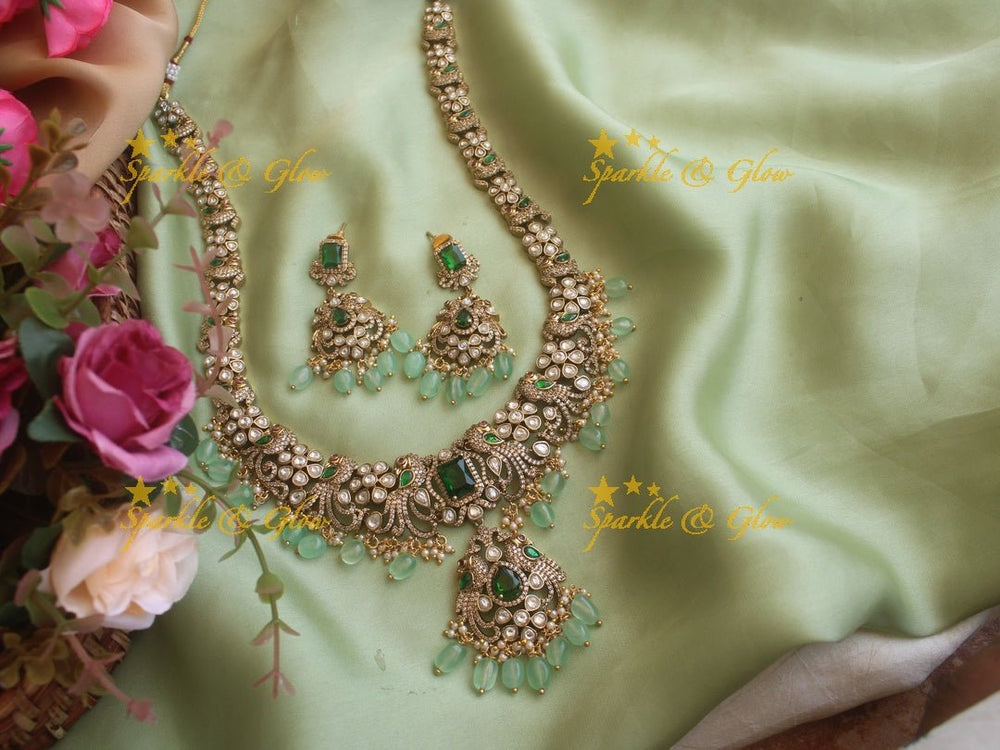 Stunning Victorian AD Peacock haram with mint Green Beads - Sparkle and Glow - Back Thread - 