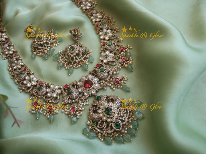 Stunning Victorian AD Peacock and floral haram with mint Green Beads
