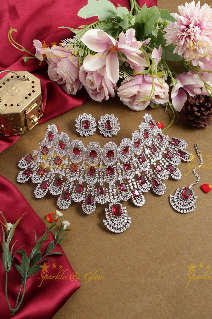 SIlver Tone Kiara Choker - Red