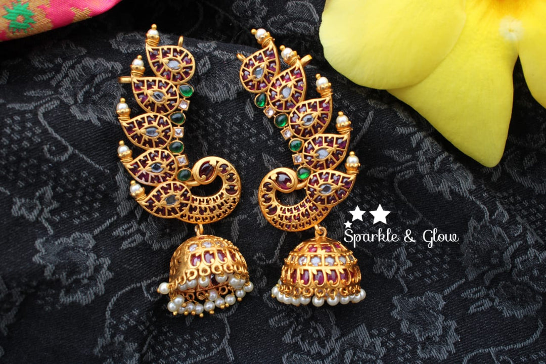 Peacock ear cuff bridal kemp stone jhumukas