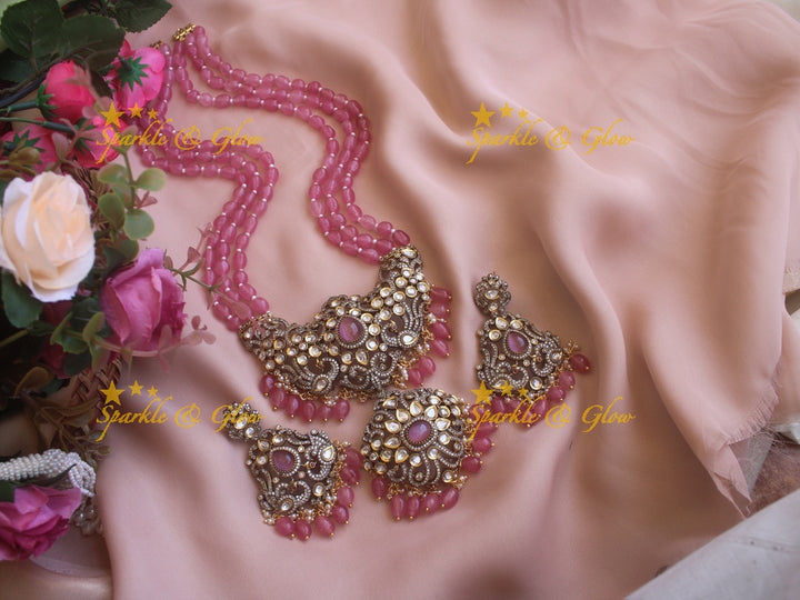 Victorian AD Peacock beaded haram - Pink