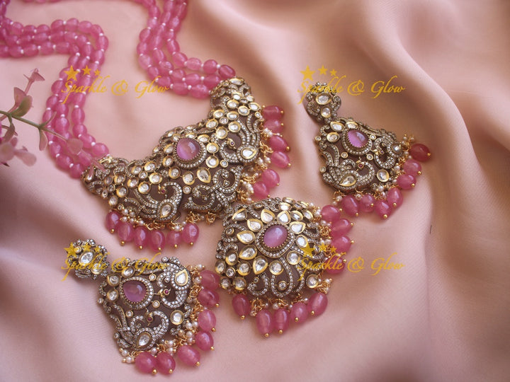 Victorian AD Peacock beaded haram - Pink