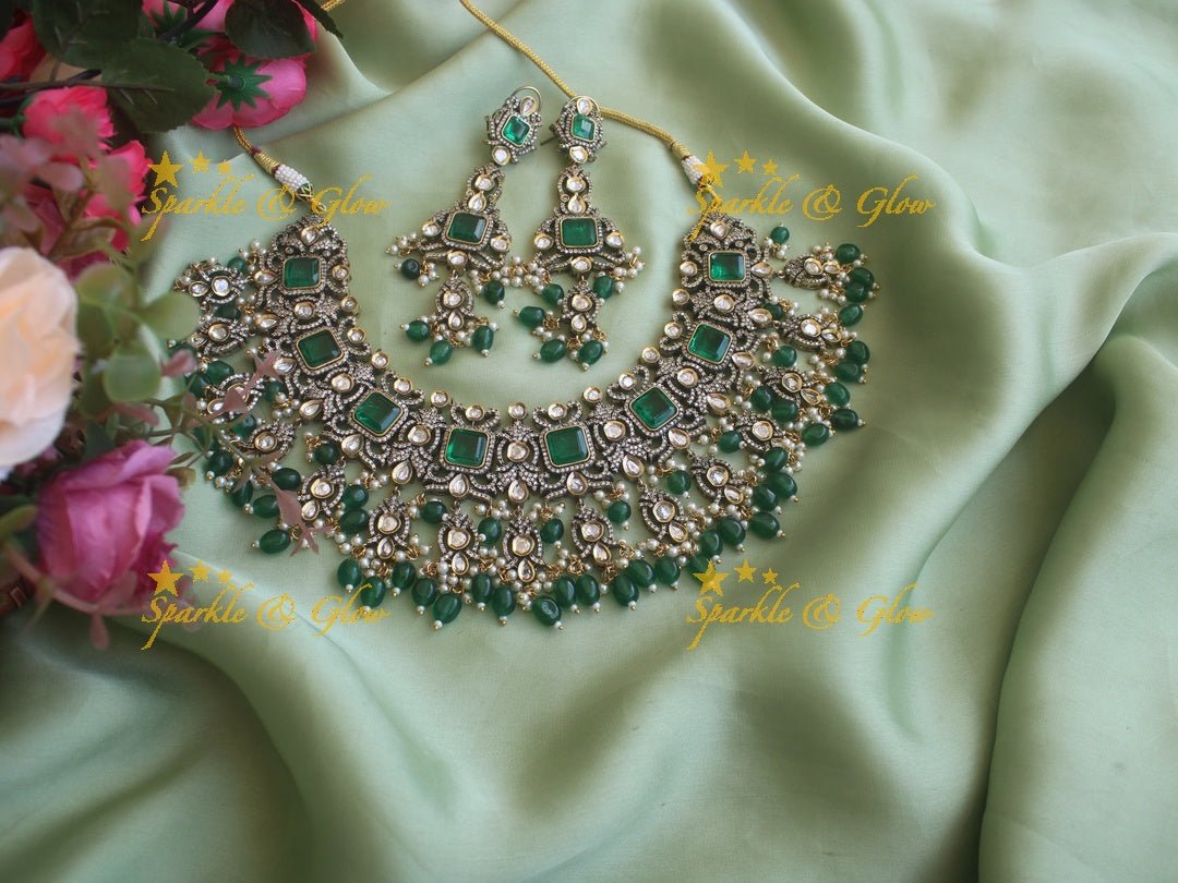 Goegeous Floral design victorian AD short necklace with stones and beads - mint green - Sparkle and Glow - Purple - Back Thread