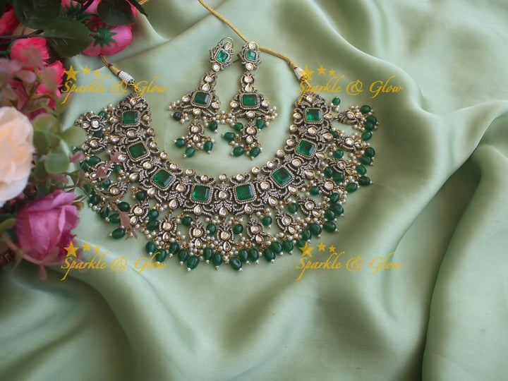 Goegeous Floral design victorian AD short necklace with stones and beads - mint green - Sparkle and Glow - Purple - Back Thread
