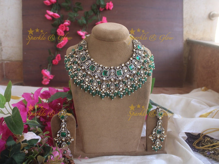 Goegeous Floral design victorian AD short necklace with stones and beads - mint green - Sparkle and Glow - Babypink - Back Thread