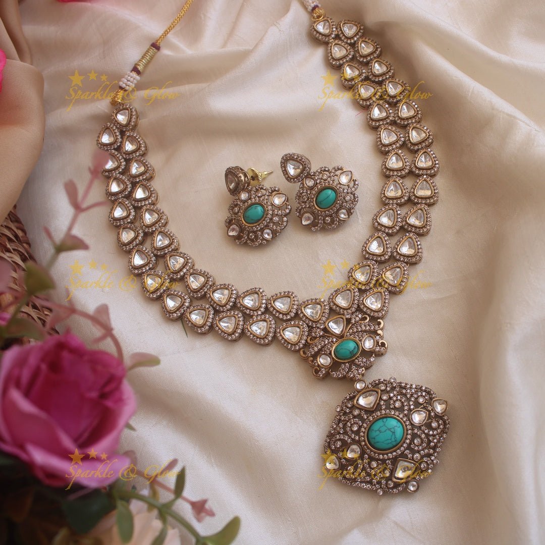 Stunning victorian AD layered necklace with Green stone - Sparkle and Glow - Torquoise - Back Thread