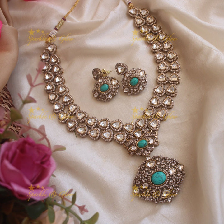 Stunning victorian AD layered necklace with Green stone - Sparkle and Glow - Torquoise - Back Thread