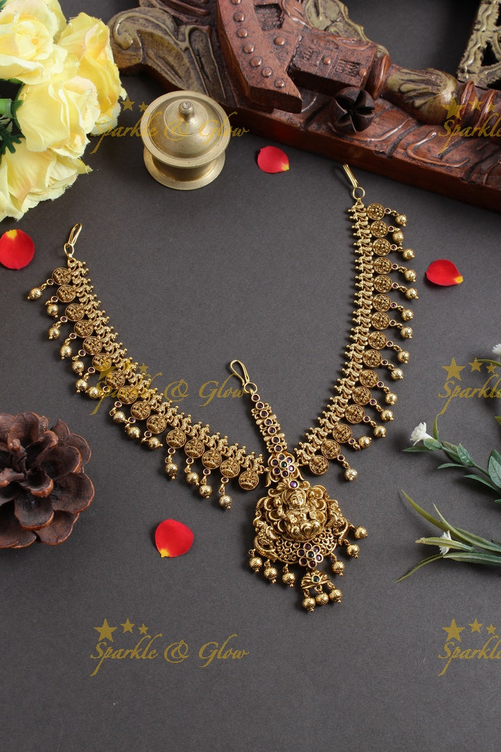 Gold alike three sided Lakshmi bridal maangtikka