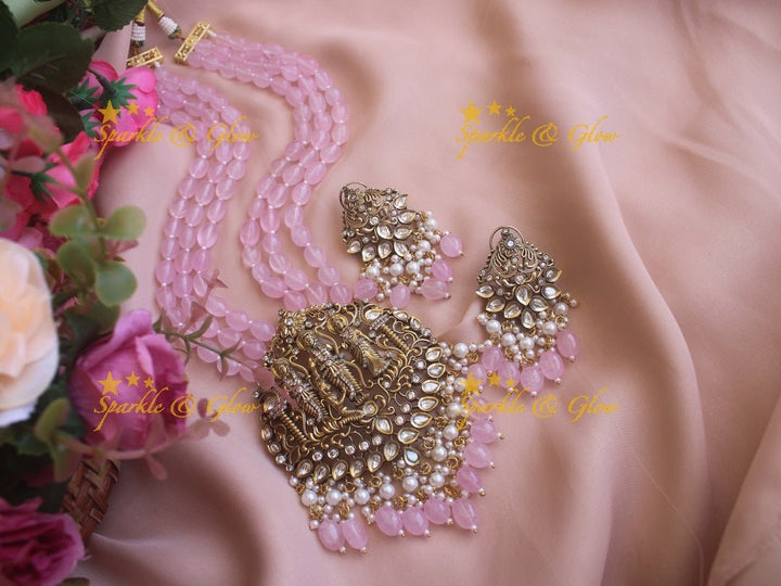 Gold alike long victorian AD necklace with Ram parivaar pendent - Sparkle and Glow - Pink - Back Thread