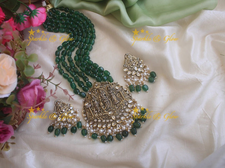 Gold alike long victorian AD necklace with Ram parivaar pendent - Sparkle and Glow - Green - Back Chain