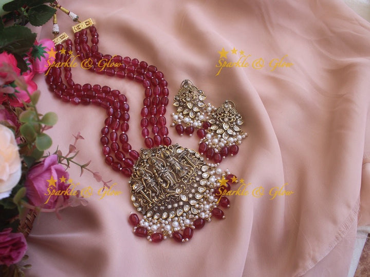 Gold alike long victorian AD necklace with Ram parivaar pendent - Sparkle and Glow - Red - Back Chain