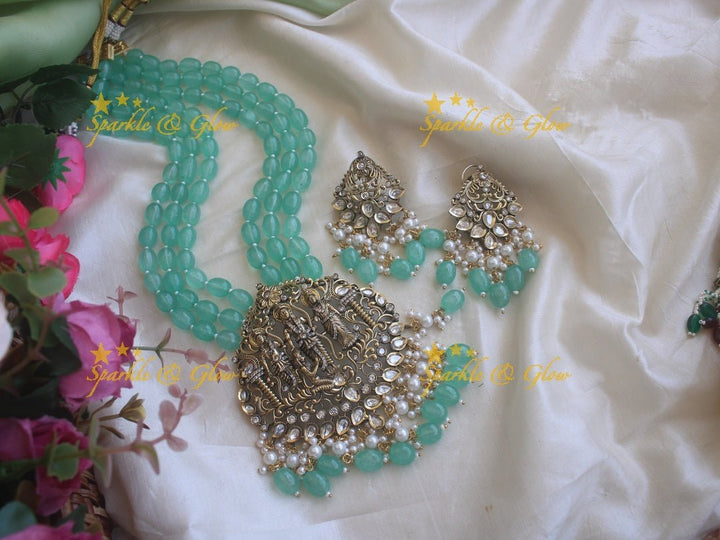 Gold alike long victorian AD necklace with Ram parivaar pendent - Sparkle and Glow - Light Green - Back Chain