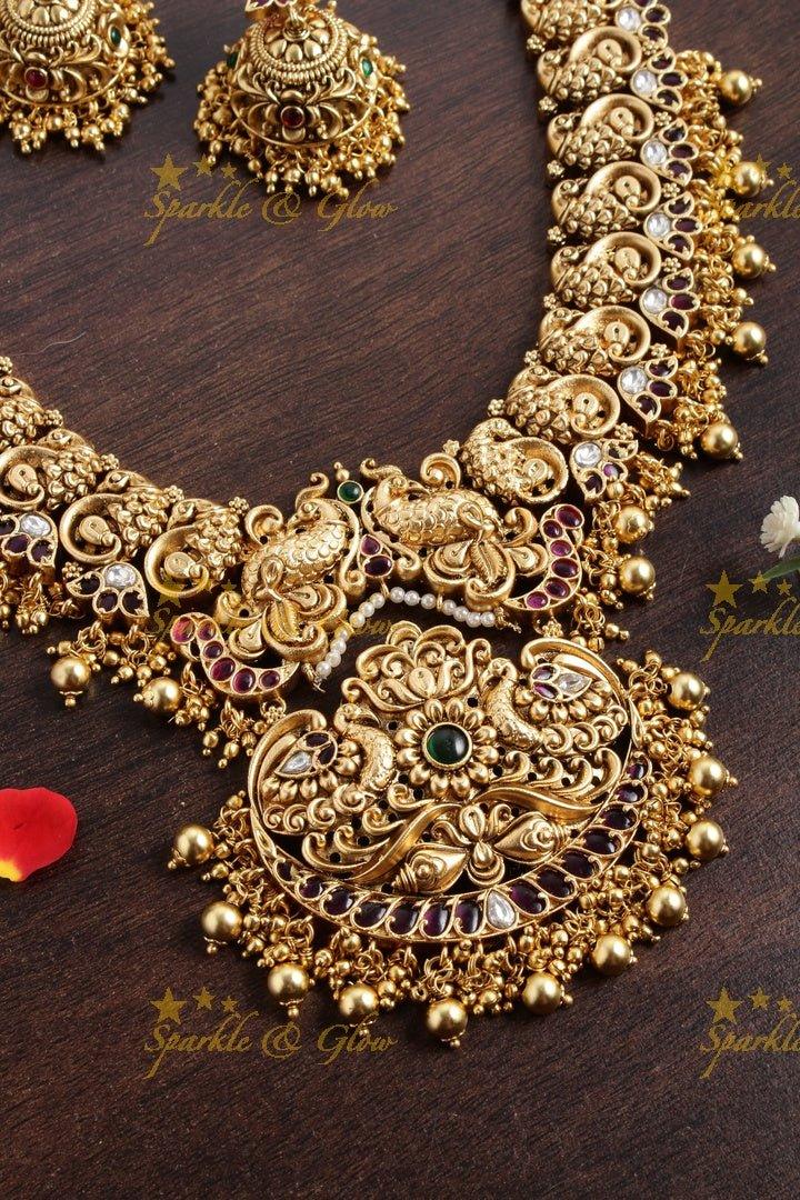 Exclusive peacock carved floral green beads necklace - Green - Sparkle and Glow