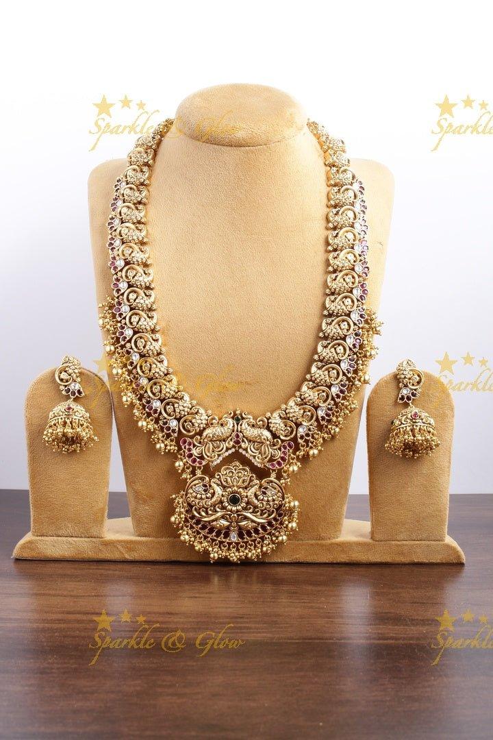 Exclusive peacock carved floral green beads necklace - Green - Sparkle and Glow