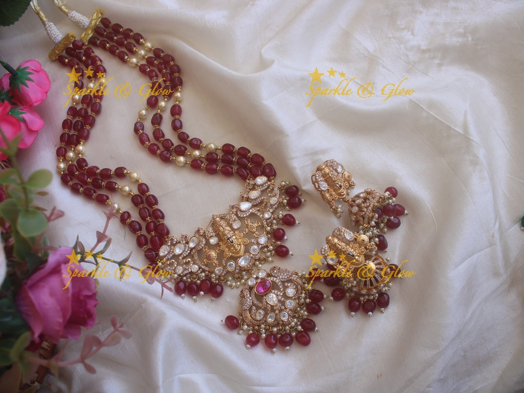Victorian Tirupati Balaji carved beaded haram - Pink
