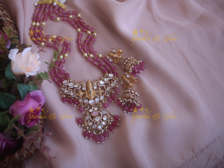 Victorian Tirupati Balaji carved beaded haram - Pink