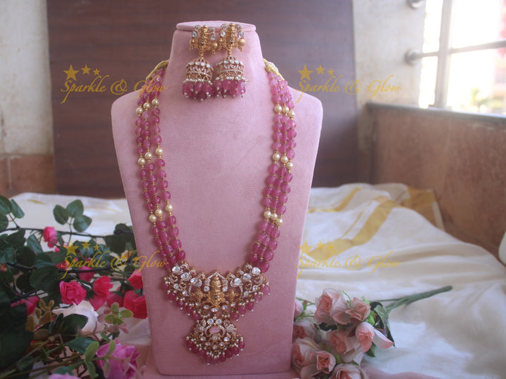 Victorian Tirupati Balaji carved beaded haram - Pink