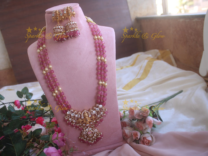 Victorian Tirupati Balaji carved beaded haram - Pink