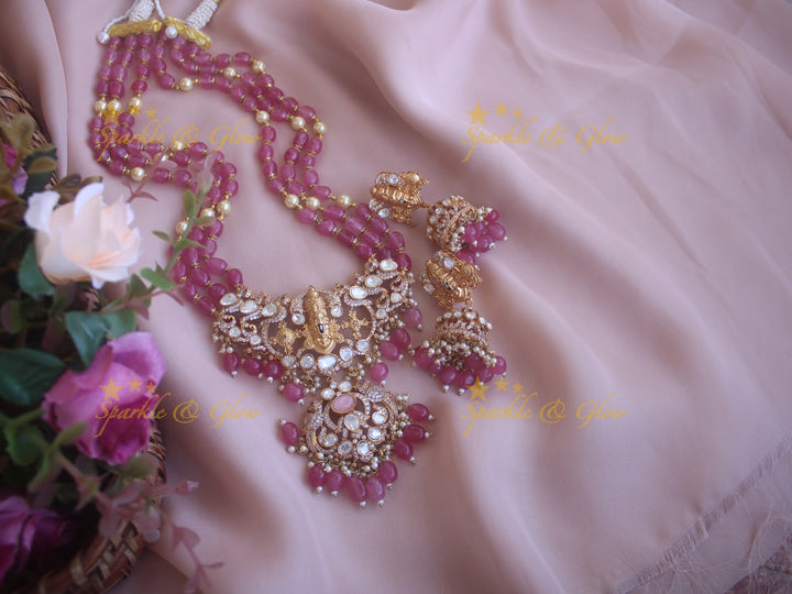 Victorian Tirupati Balaji carved beaded haram - Pink