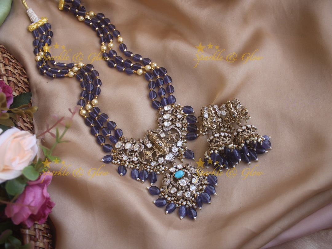 Victorian Tirupati Balaji carved beaded haram - Blue