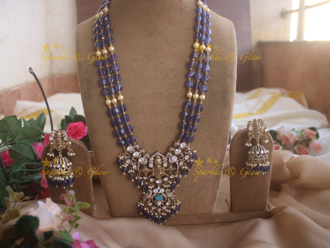 Victorian Tirupati Balaji carved beaded haram - Blue
