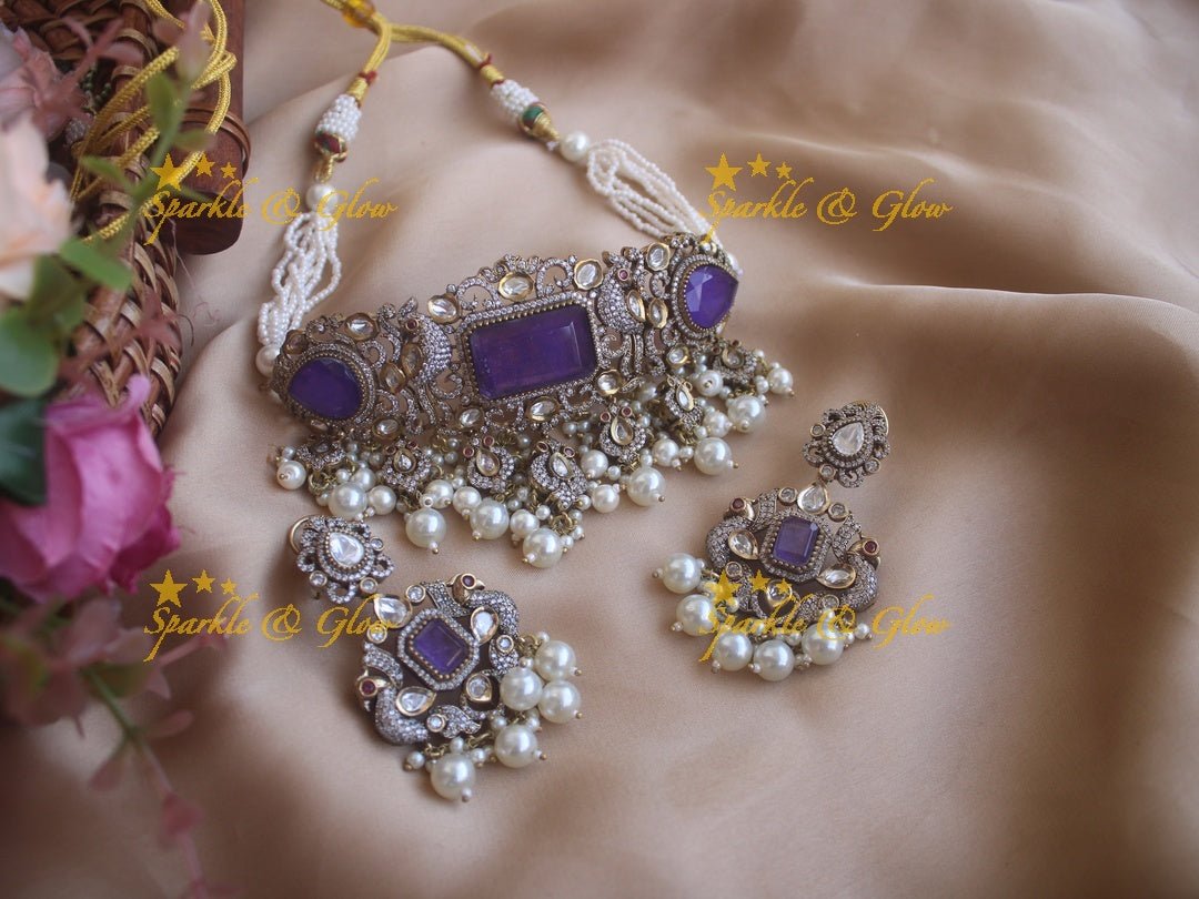 Victorian statement peacock choker - Blue - Sparkle and Glow - Ink Blue - Back Thread