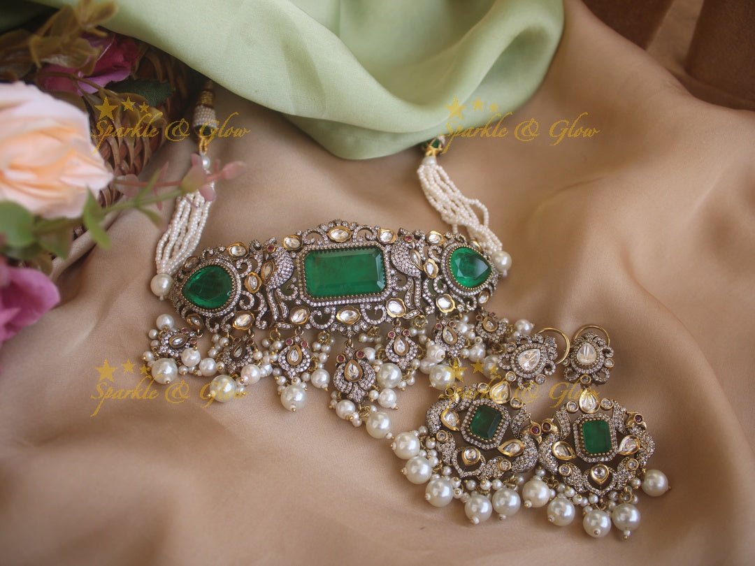 Victorian statement peacock choker - Blue - Sparkle and Glow - Green - Pearl - Back Chain