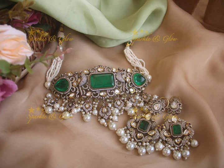 Victorian statement peacock choker - Blue - Sparkle and Glow - Green - Pearl - Back Chain