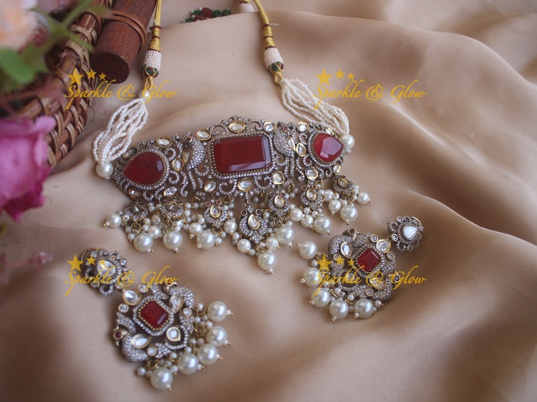 Victorian statement peacock choker - Blue - Sparkle and Glow - Red - Back Thread