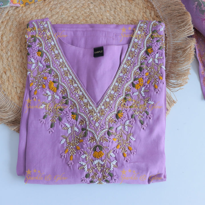 Stunning Modal Silk Kurti pant with digital Print Dupatta set - Lavender