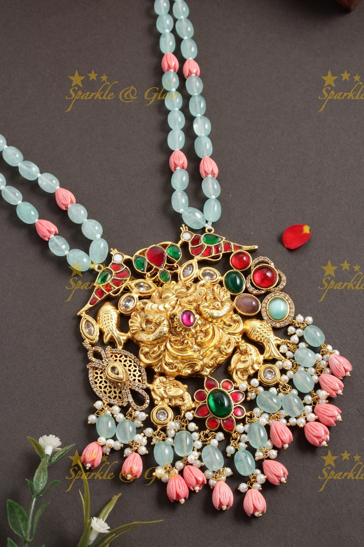 Beautiful light blue and pink beads Jadau pendnet chain